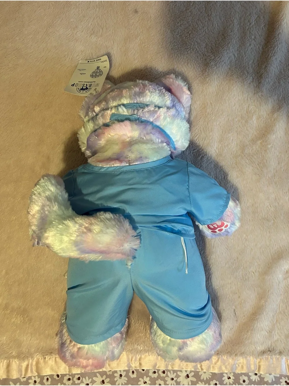 Build-A-Bear Pastel Rainbow Cat in Blue Medical Scrubs with Mask